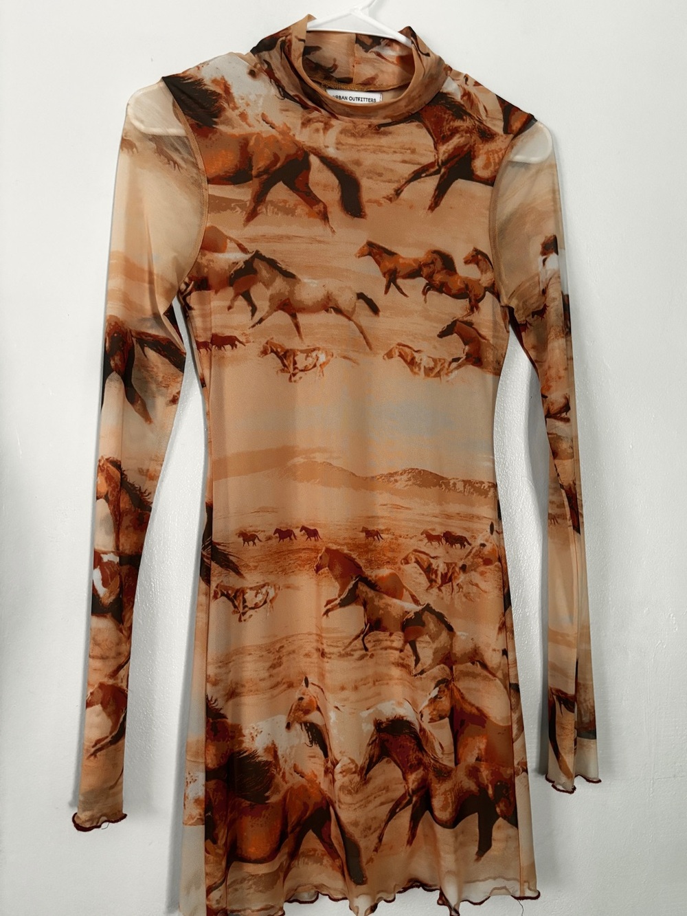 Urban Outfitters Beige and Brown Horse-Print Long Sleeve Mesh Dress